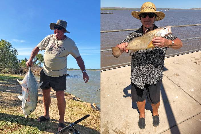 Side by side photos of two people holding fish they've caught